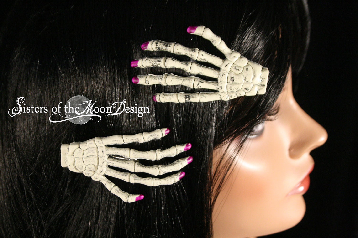 Skeleton hands hair clips with painted purple nails pair -- Sisters of the Moon