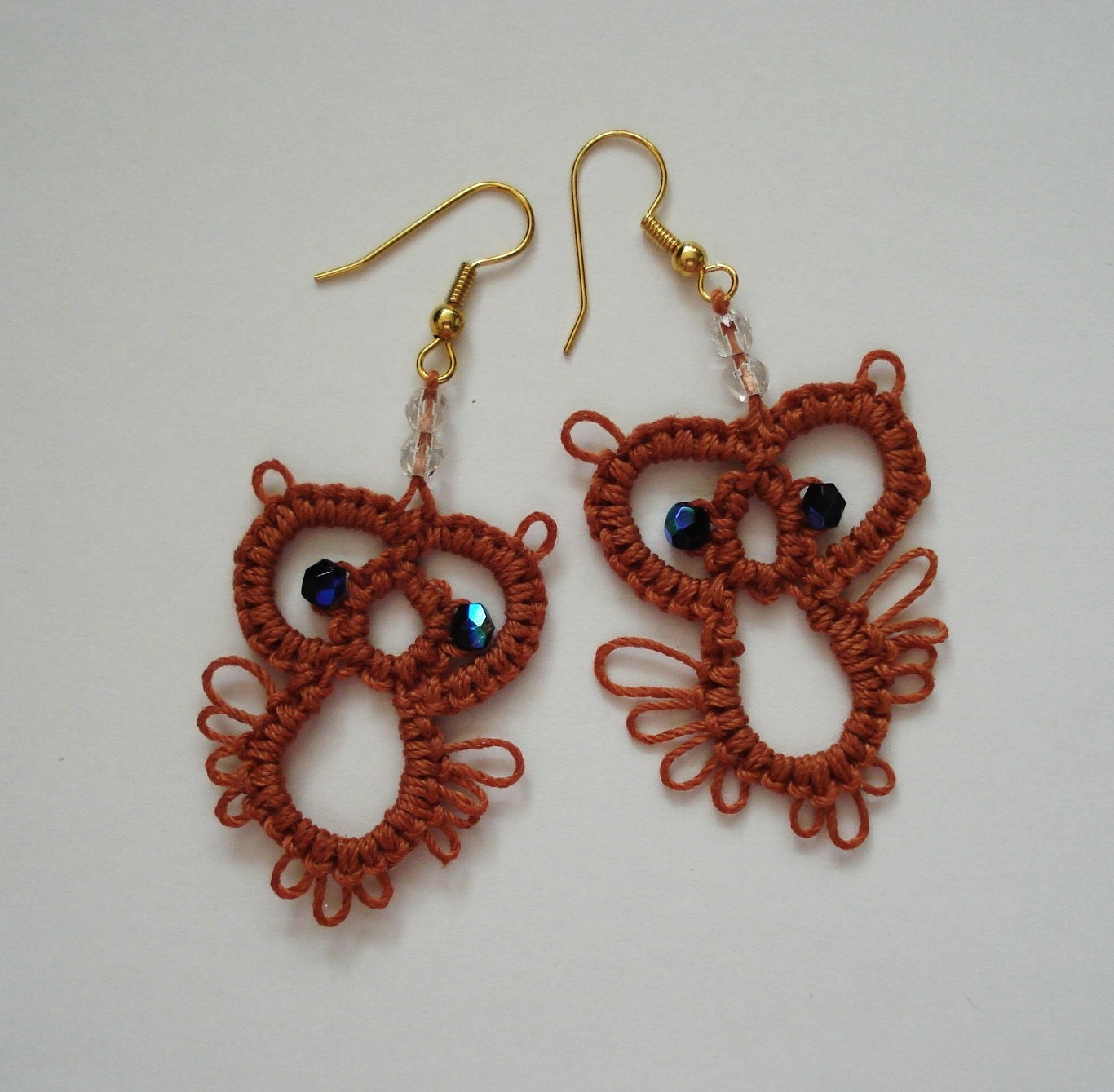 Brown Little Owl Earrings Tatted by Lynne