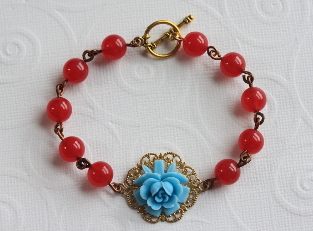 Red Beaded Bracelet , Flower Bracelet , Bridesmaid Bracelet, Red Jade Bracelet