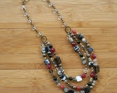 Vivian Beaumont Necklace - Triple Strand Ruby Jade, Pyrite, Golden Sheen Obsidian, Smoky Quartz