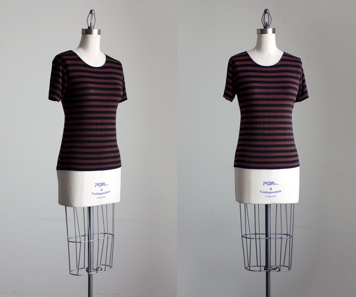 Striped Spandex Blouse 1990s Vintage Black And Brown Stretchy Spandex Shirt