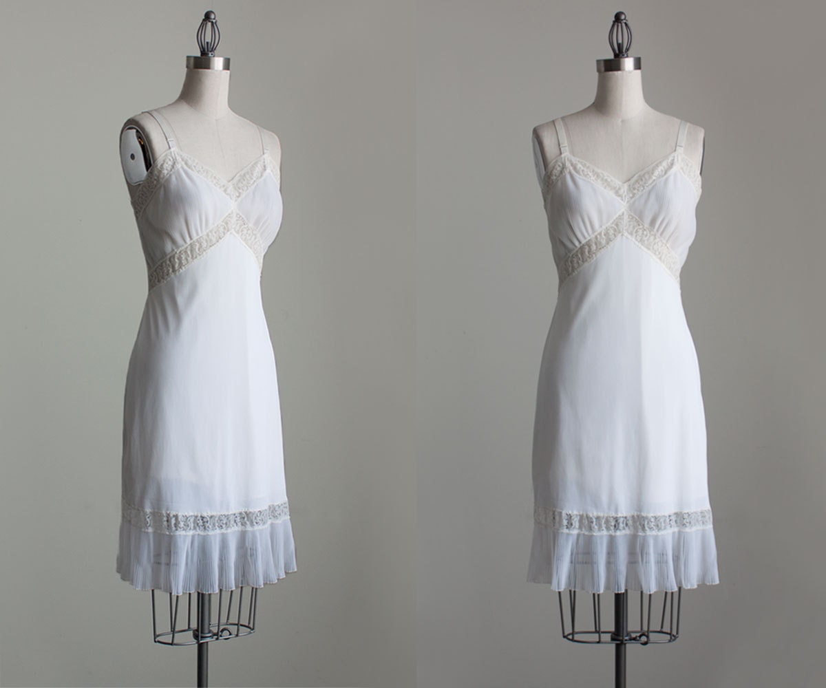 White Lace Slip Dress 1980s Vintage Ivory White Chiffon Lace Slip Dress