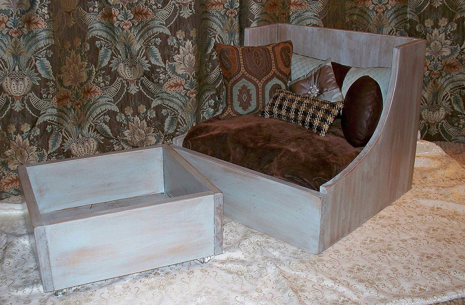 Dog Bed,Cat Bed,Designer,Toy box Included,French Blues,Browns,Pillows,Orthopedic Memory Foam Pillow,Wood