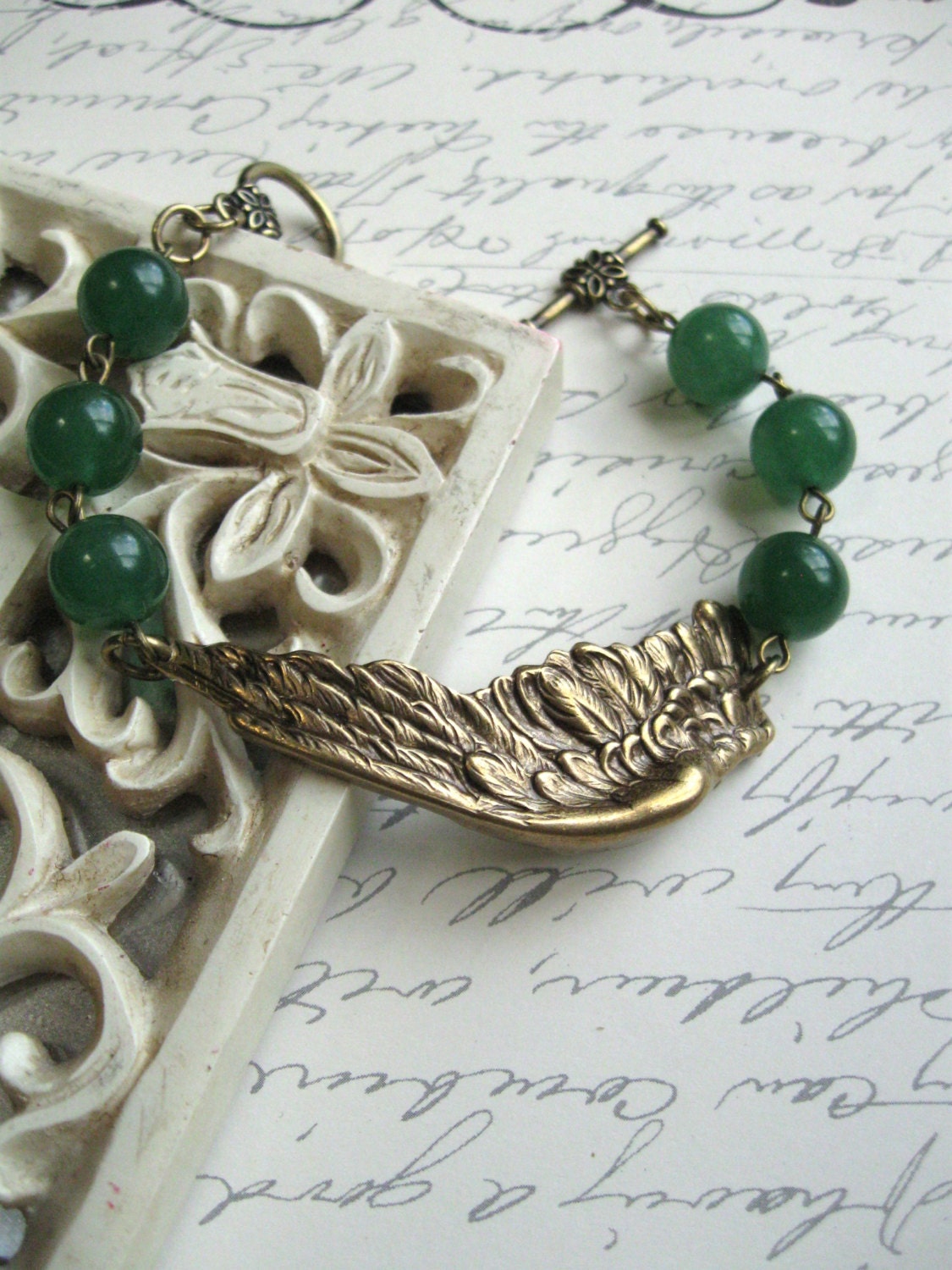 Brass wing bracelet, feather -  forest green adventurine stone beads, woodland bracelet