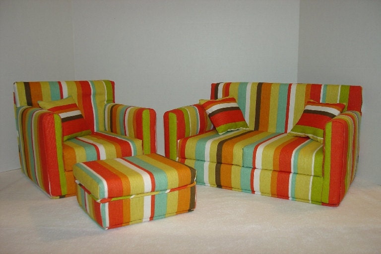 18 Inch Doll Sofa, Chair, and Ottoman - Colorful Stripes,  Handmade Doll Furniture