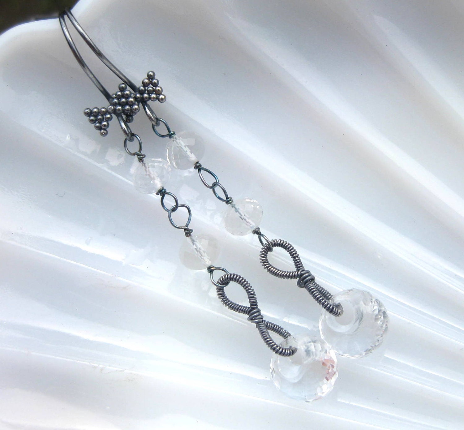 White topaz flapper earrings oxidized sterling silver crystal quartz long linear beaded dangle mermaid all clear gemstone jewelry --Penza--