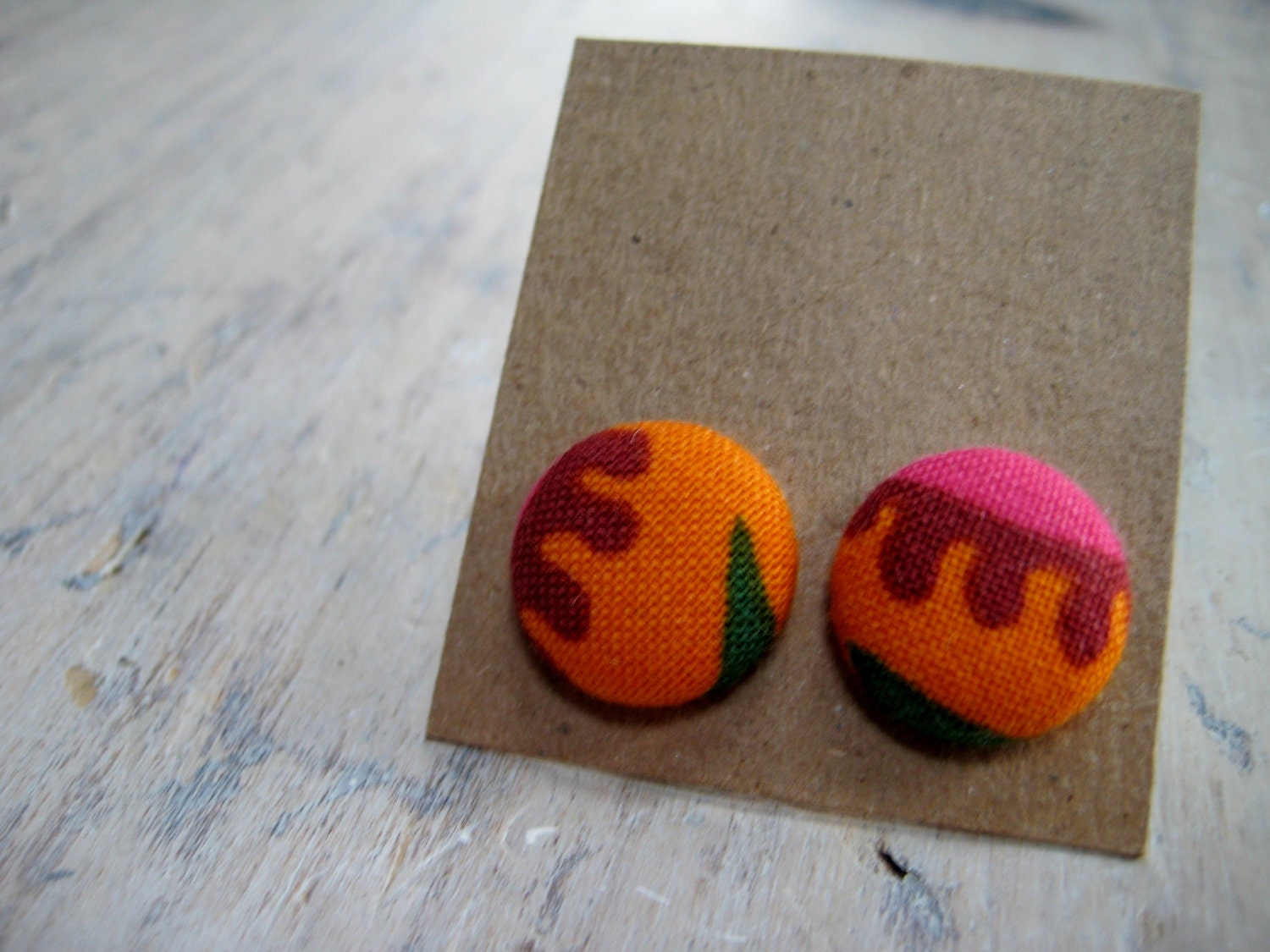 button earrings - orange red, with pink and green
