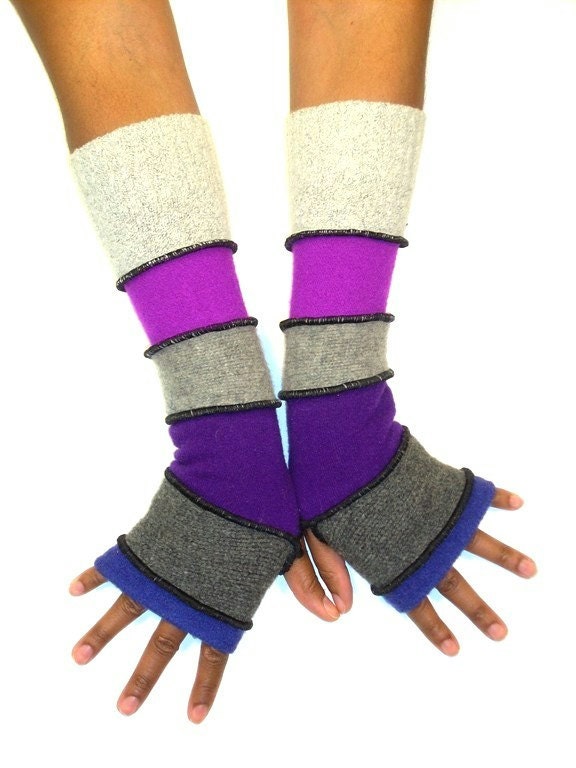 Finger less Gloves, Arm Warmers, Purple and Grey (Dark Violet, Dark Grey, Red Violet, Medium Grey, Vivid Fuchsia, Light Grey)