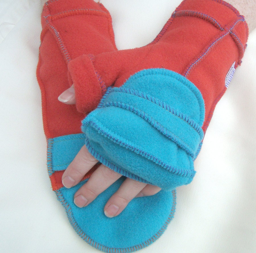 Orange Teal Convertible Mittens, Xmittens Fingerless Gloves, Recycled Fleece, bright multicolored thread, size SMALL
