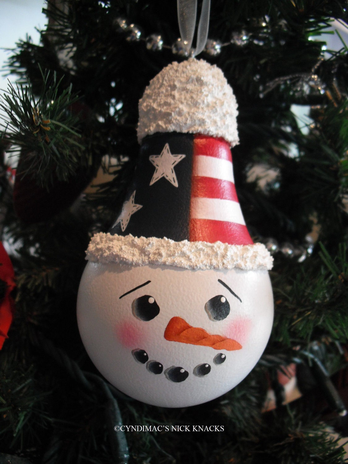Patriotic Snowman Face Lightbulb Ornament