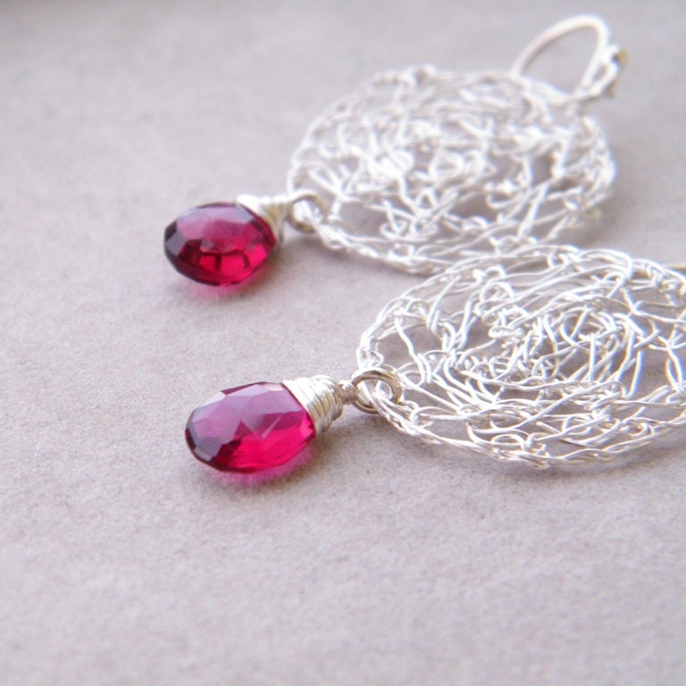 SALE 20% OFF - Garnet Earrings, Sterling Silver Earrings, Wire Crochet Earrings
