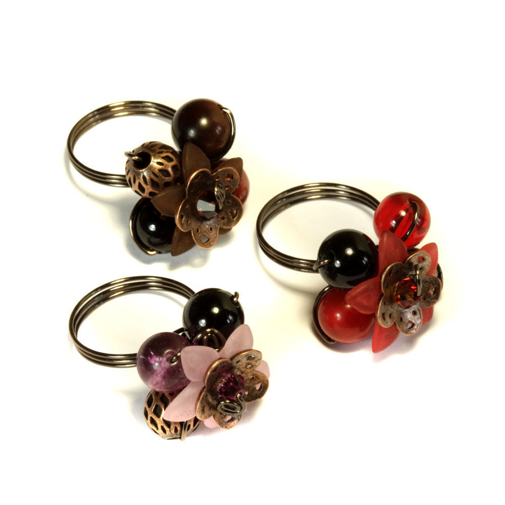 3 Flower rings bundle - Pink  Brown and Red - Fall (Custom size available - see description)