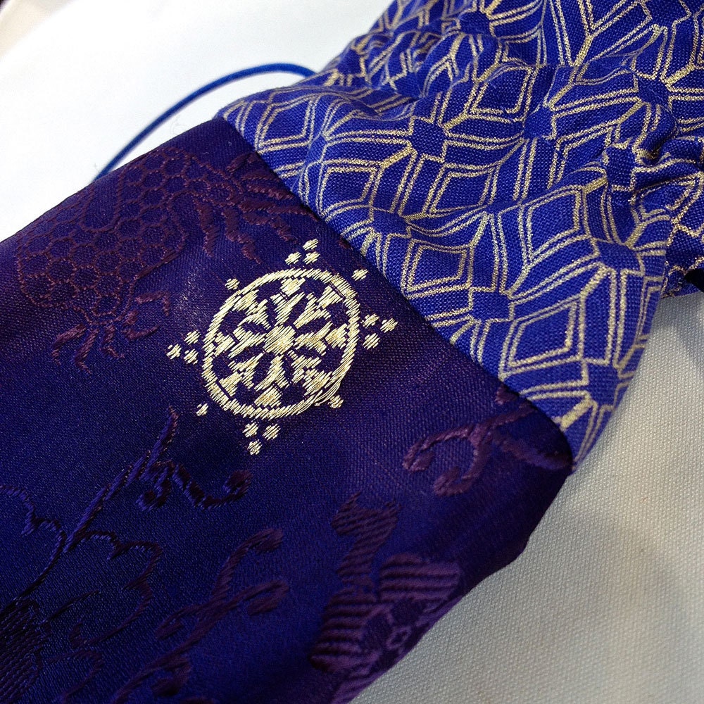 Large Blue Silk Brocade Mala Pouch - Lined Blue Silk Drawstring Bag - Silk Jewelry & Gift Bag - Dharma Symbols Brocade Bag