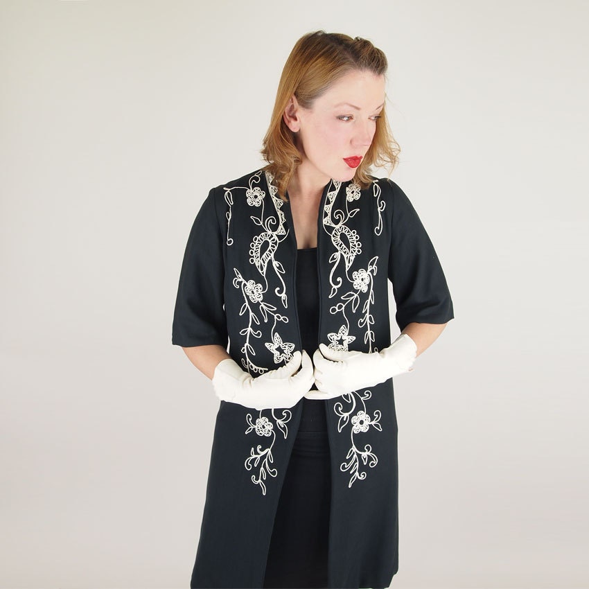Early 60s Black Linen Jacket with Cream Cord Embroidery S