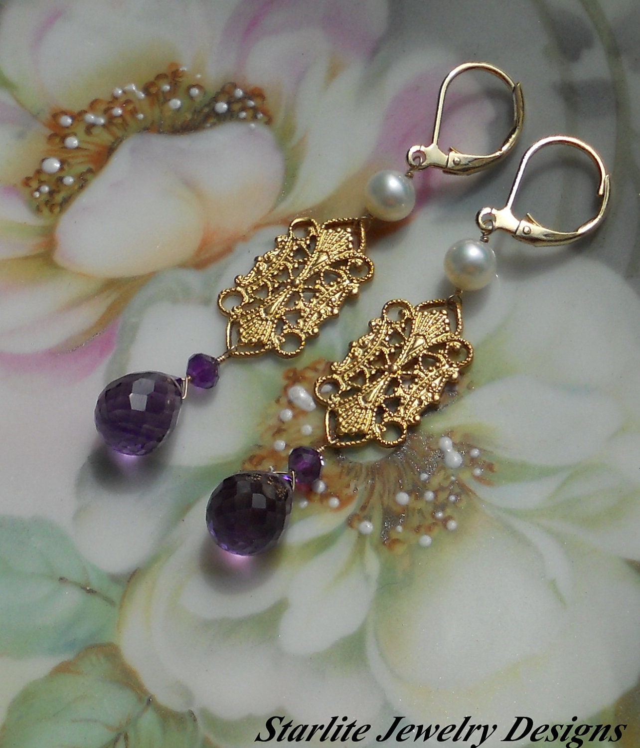 Amethyst Briolette Earrings - Accented with Vintage Filigree and Natural White Freshwater Pearls