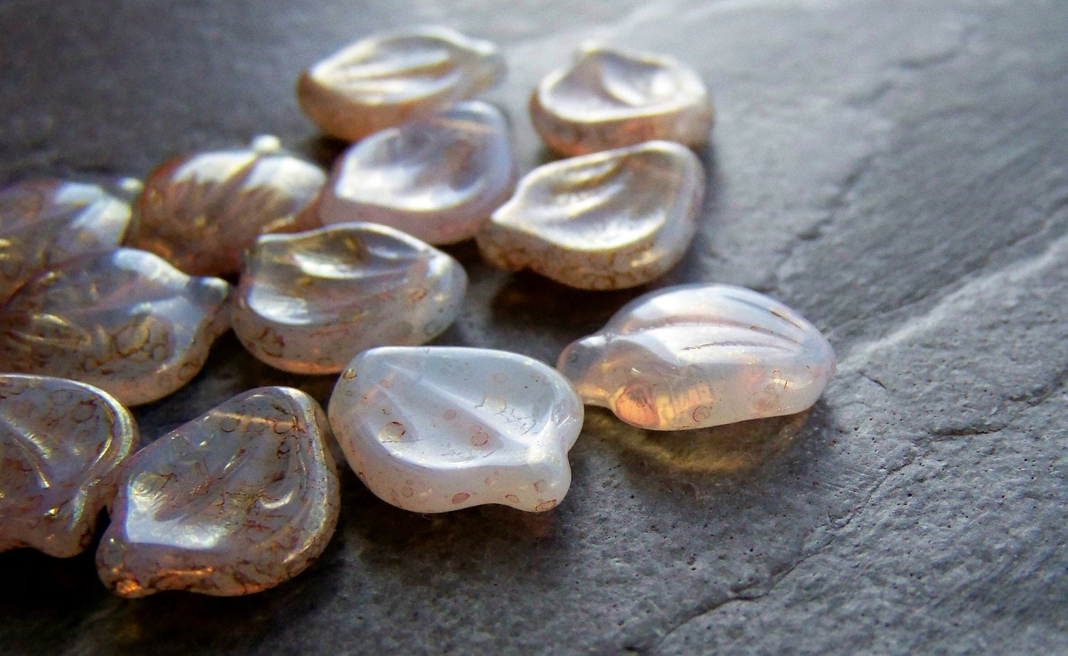 Sale-See Store Announcement-Vintage Glass Beads-Gorgeous Vintage Pale Pink Opal Czech Glass Leaves with Picasso Finish-12