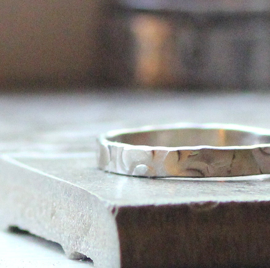 Rustic Wedding Band - 14k White Gold in a Unique Hammered Pattern