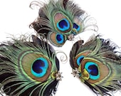 Peacock Feather Feather Fascinator, Bridesmaid Set of 3, Hair Accessory, Bridal Hair Clip, Black, Green, Swarovski Crystal, Batcakes Couture