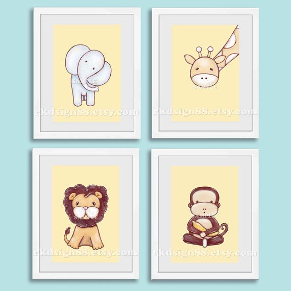 Nursery art print, baby nursery decor, safari nursery art, baby animal art, children decor, baby shower gift, yellow SET 5x7 prints