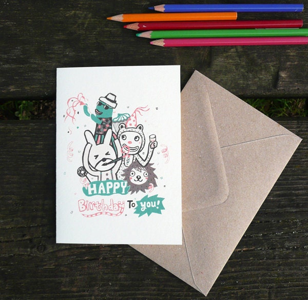 Happy birthday Party animal- hand printed birthday card
