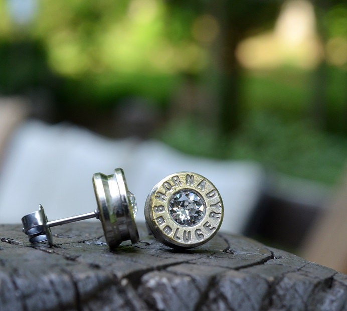 Bullet Earrings stud or post, nickel silver Hornady 9mm Luger with clear Swarovski birthstones