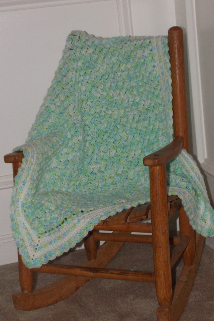 Cozy Baby Blanket ... Hand Crochet ... Travel Sized Afghan ... READY TO SHIP ... lime blue white