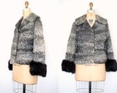 50s fur jacket / 1950s fur coat / curly lamb jacket / grey astrakhan coat / gray swing jacket / black fox fur cuffs / Correctio jacket