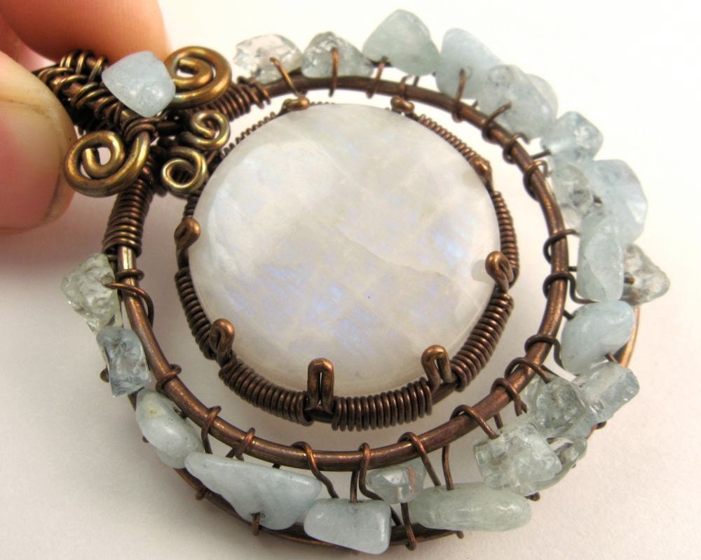 Moonstone and Aquamarine Copper Necklace Pendant