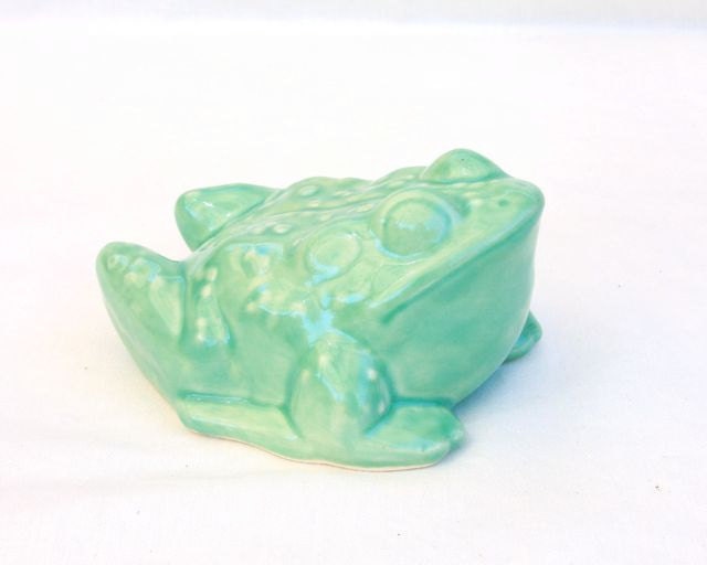 Frog Bullfrog Toad Garden Sculpture Stoneware with Mint Green Glaze