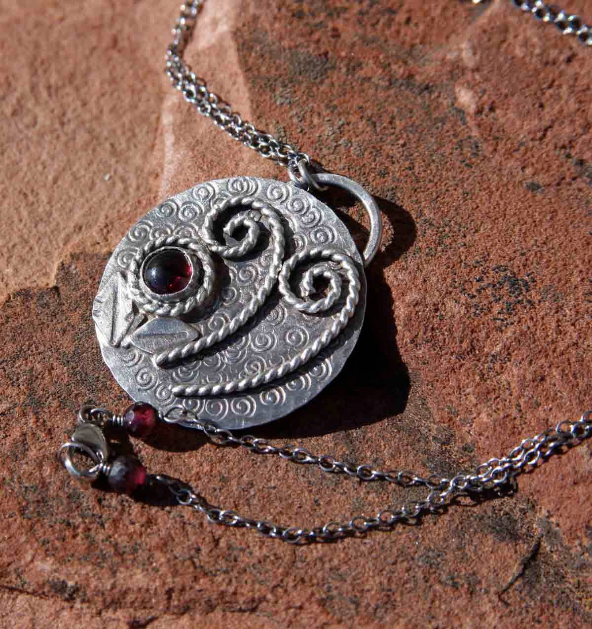 Sterling Silver Fiddlehead Fern and Garnet Flower Necklace