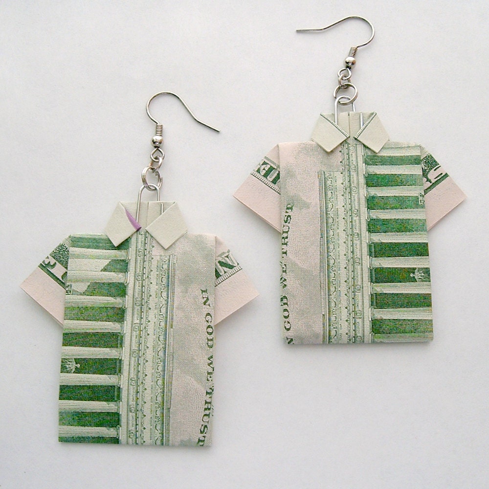 Five dollar money shirt earrings (reverse, with the Lincoln Memorial) - Cybelesque