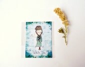 Wall art - ACEO Print - White Tea Girl winter season - kitchen decor - knit lover children bedding