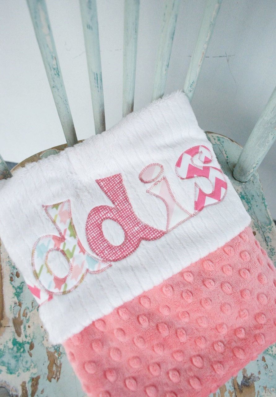 Monogrammed Baby Blanket in CHEVRON, CORAL Dot Minky and White Chenille, Personalized with Your Baby Boy's First Name in Zig Zags