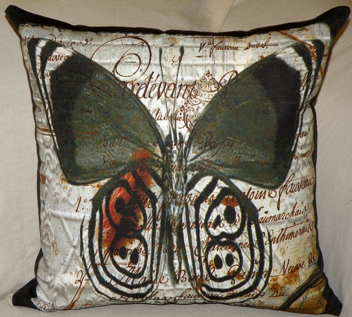 Designer  Pillow Cover - "Cardevant Butterfly" - Hand Made - Fits 18x18 Insert  -  original design