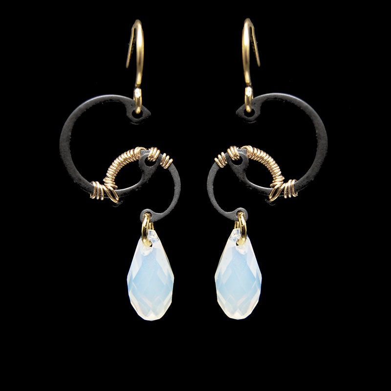 Oberon II v5: White opal Swarovski crystal industrial wire wrapped earrings