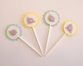Baby Snail Cupcake Picks Set of 8 - Baby Shower, Kids Party, Aqua and Yellow Party Decoration