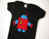 Robot on Black Baby Onesie 6 to 12 Months with Ecospun Felt
