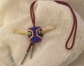 Beaded Bull Head Bolo / Original Tie / Bone Vertebrae / Blue Red Black White