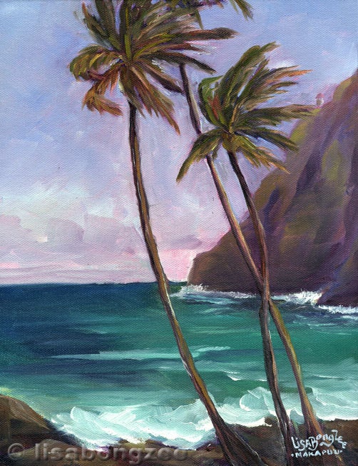 MAKAPU'U BEACH Palm Trees Original Oil Painting Plein Air Art Artwork Ocean Waves Paradise Lighthouse Oahu Hawaii Hawaiian Cliff Shore Surf