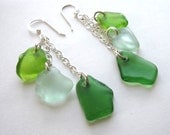 Silver Sea Glass Triple Cascade Earring peridto, seafoam and kelly green