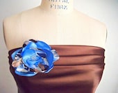 Blue and Brown Wedding -- Bridesmaid Flower Pin Brooch -- Satin Flower -- Fall Wedding -- Womens Accessories -- Leaf Print