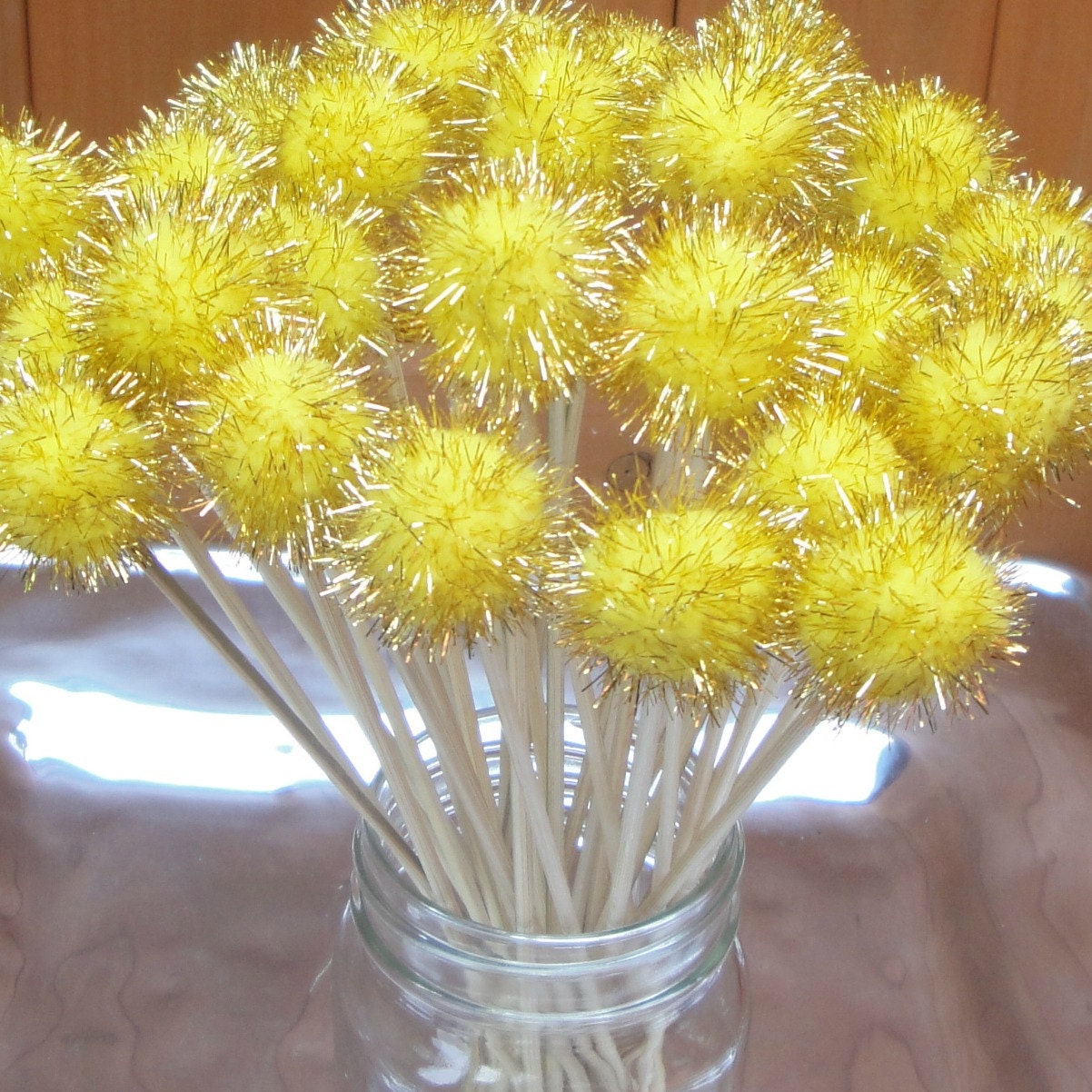Handmade Drink Stir Swizzle Stick with Yellow Gold Glitter Pom Pom - Set of 6