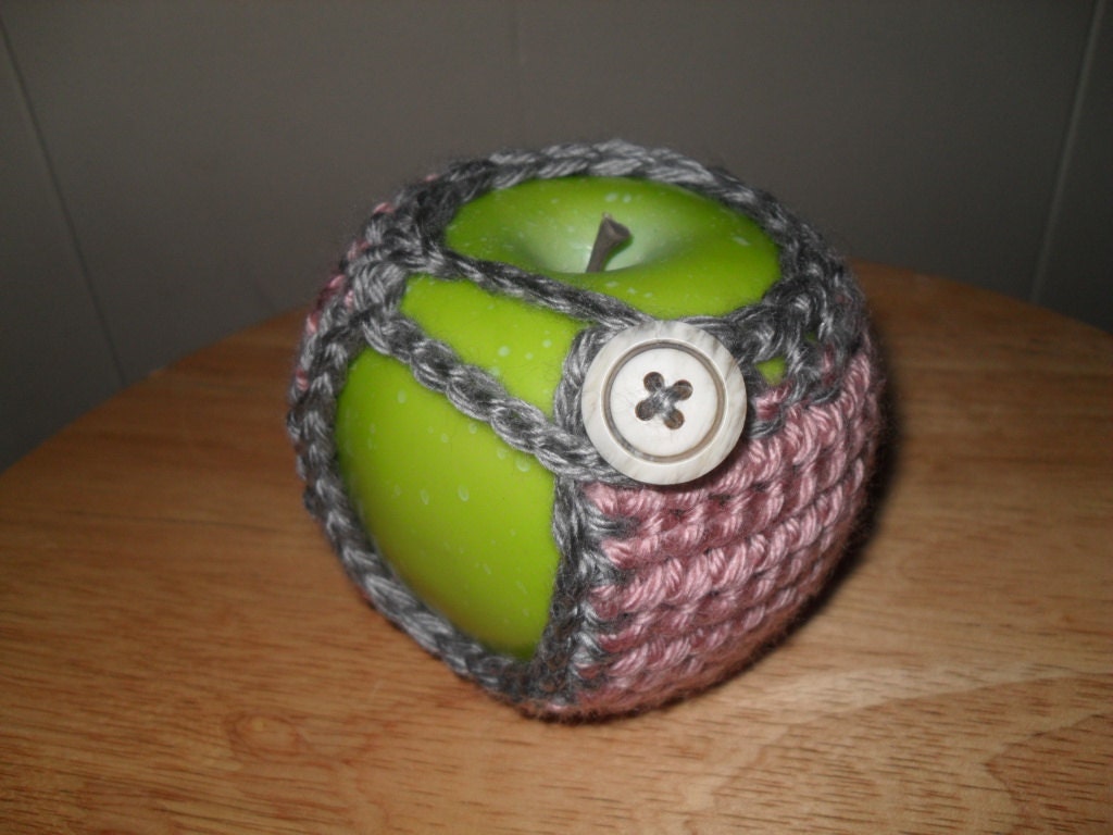 Crocheted apple cozy fruit cozy in heather gray grey and blush pink