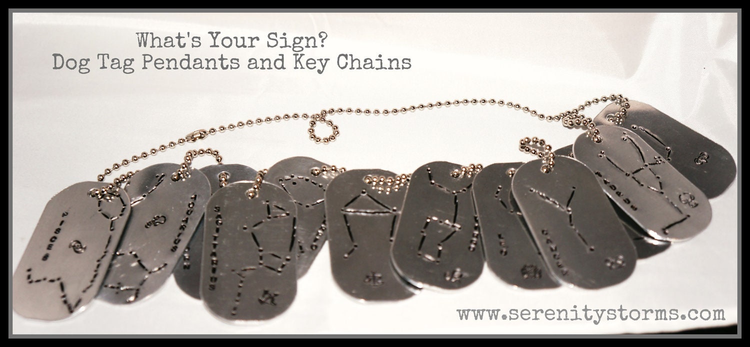 Zodiac Earth Astrological Sign Hand Stamped Dog Tag Pendant Custom Silver Metal