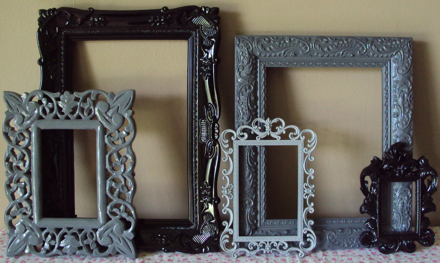 Ornate Picture Frames Black & Charcoal Gray Open Frames Wall Gallery Set of 5 Frames. Wedding. Home Decor. Nursery. Gift. Child.