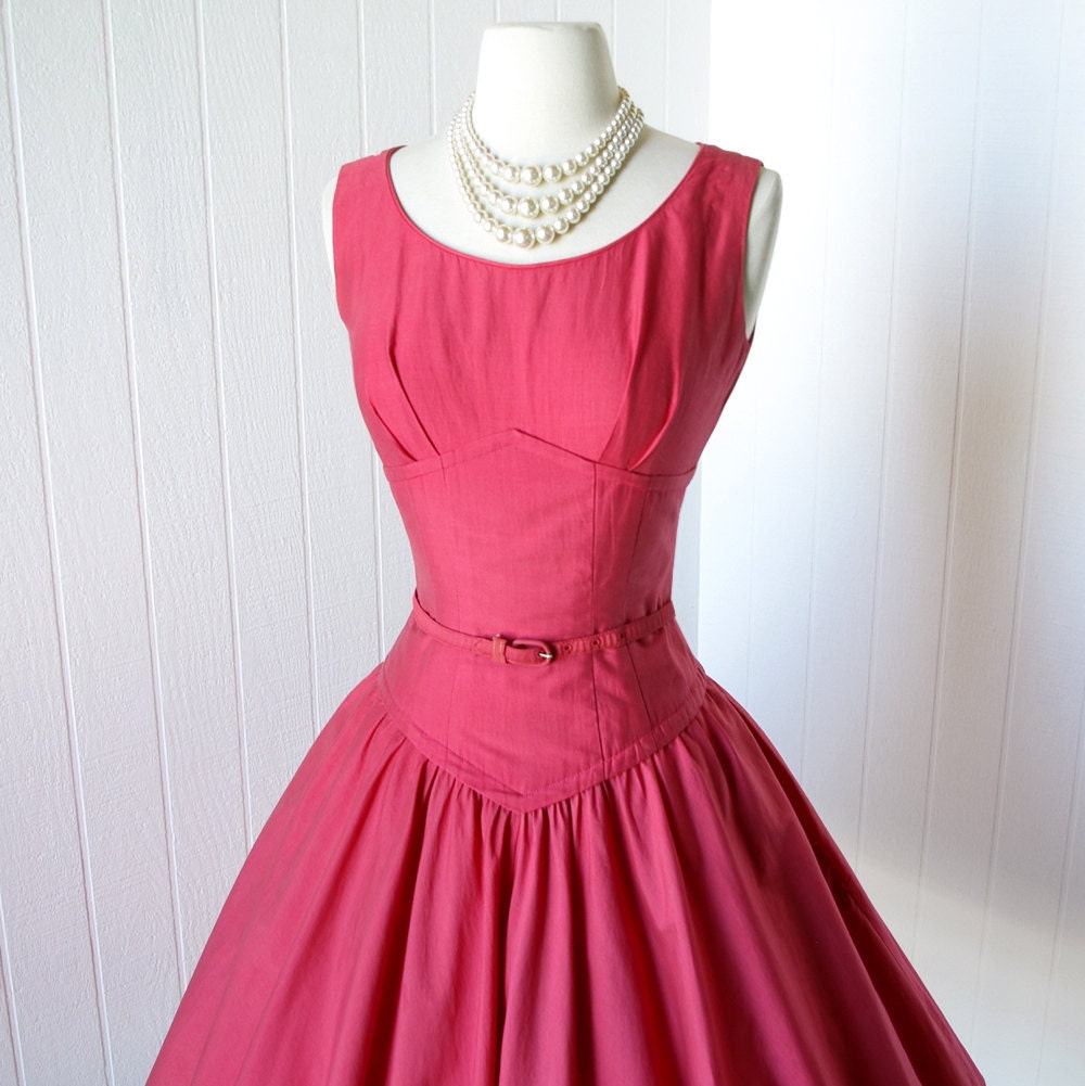 SALE 25 percent off with code vintage 1950's dress ...beautiful CORAL RED cotton shelf-bust full circle skirt pin-up dress & bolero jkt