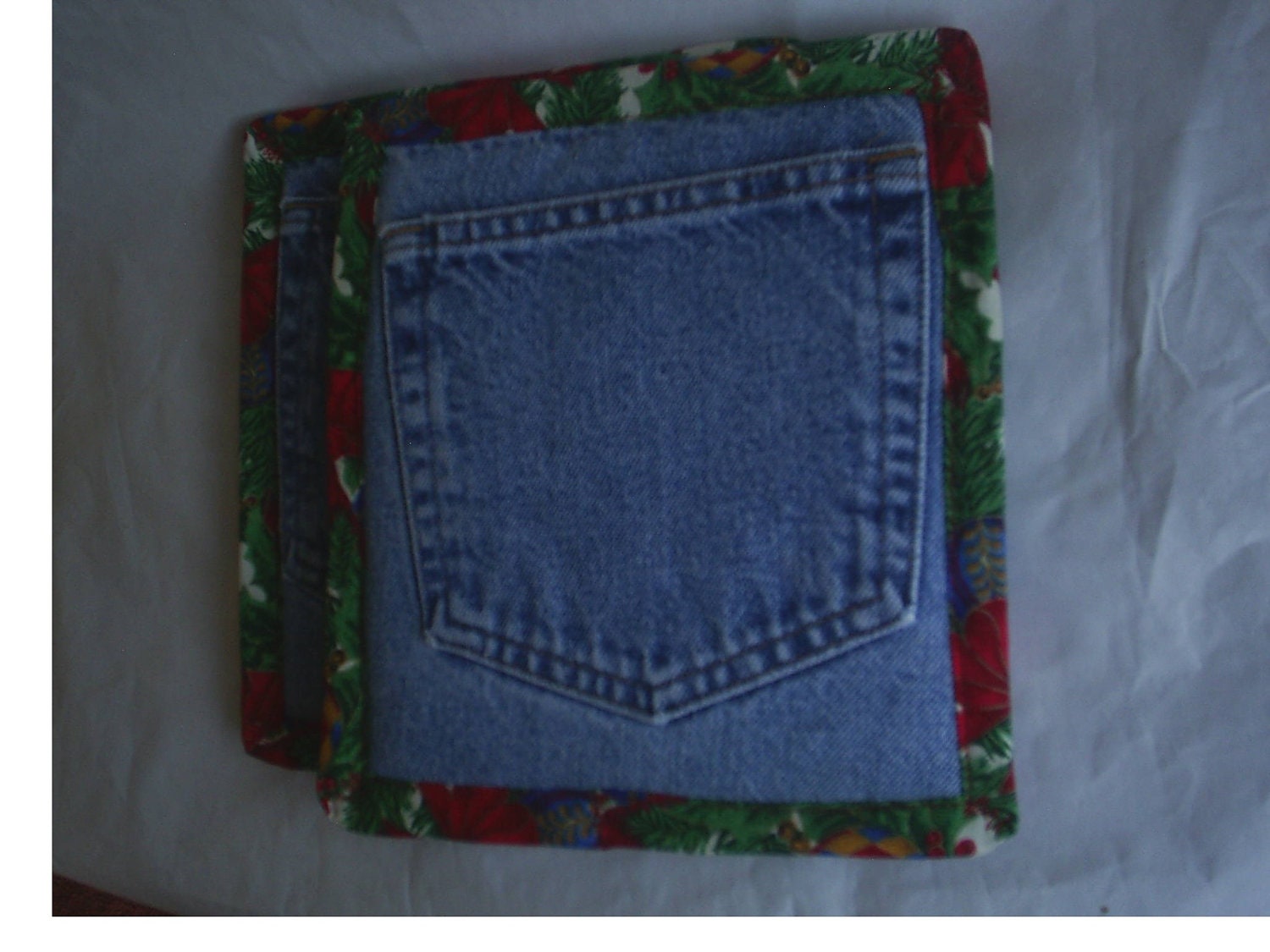 Christmas UpCycled ReCycled Denim Pocket Pot Holders Hot Pads PotHolders Pair