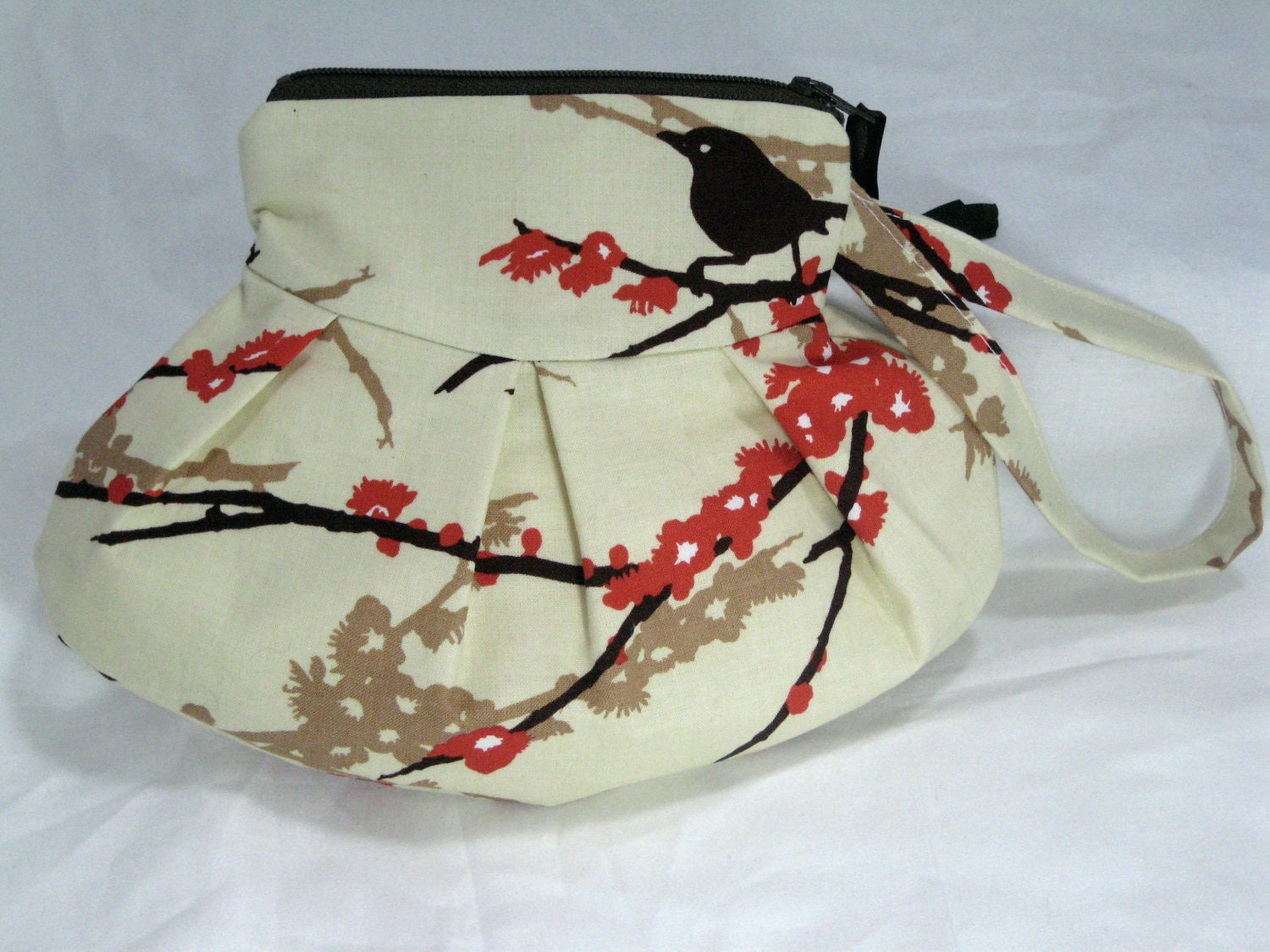 Pleated Wristlet - Pleated Pouch - Birds on a branch pouch - Birds pouch - Bird Bag - Pleated Clutch