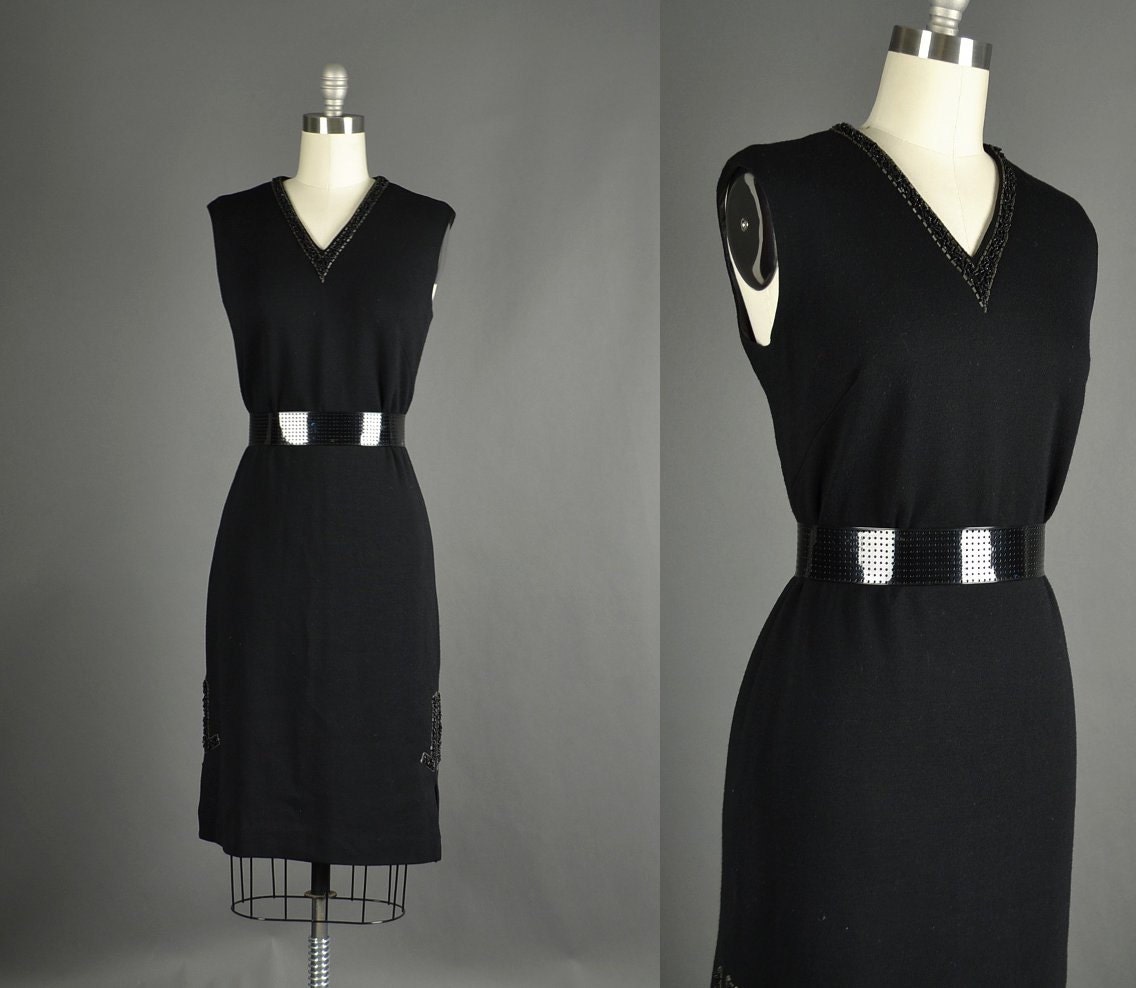 Vintage 1960s Dress, 60s Dress black knit beaded shift dress