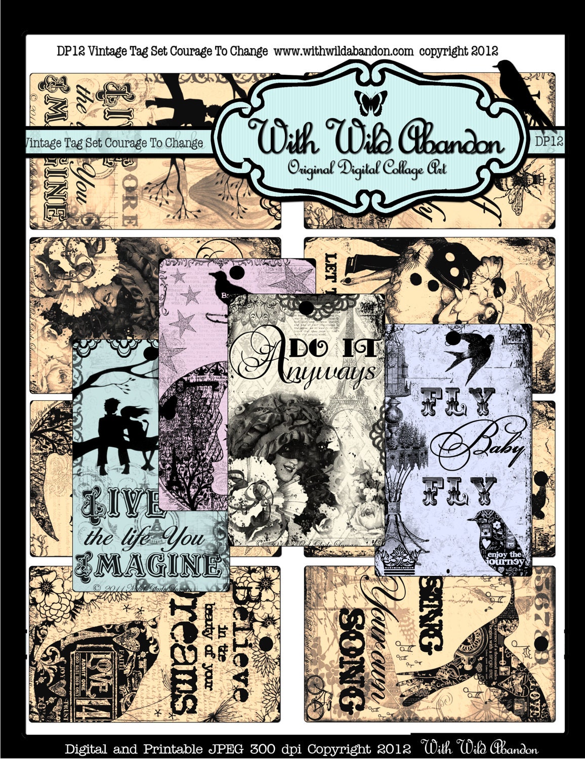 Courage to Change Vintage Tag Set Graphic Sheet and Printable Digital Stamps and Image Transfers